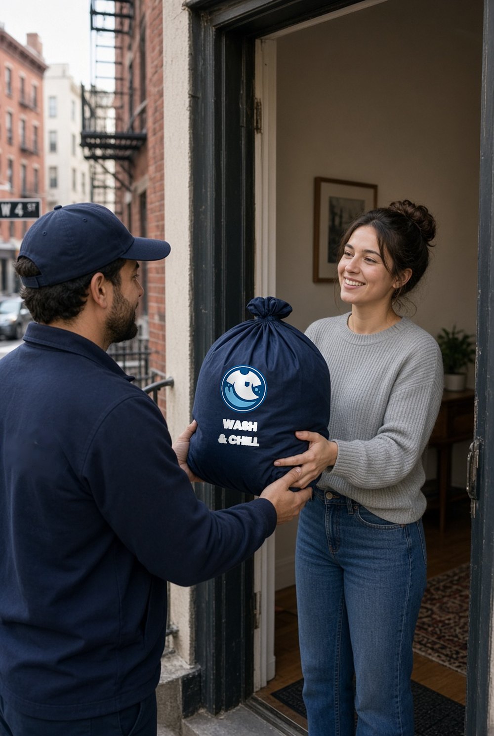 Repartidor entregando una bolsa Wash & Chill a una clienta