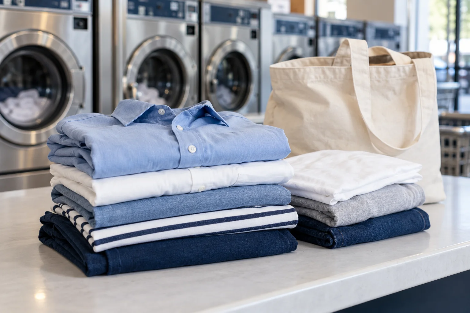 Camisas dobladas y una bolsa de lavandería